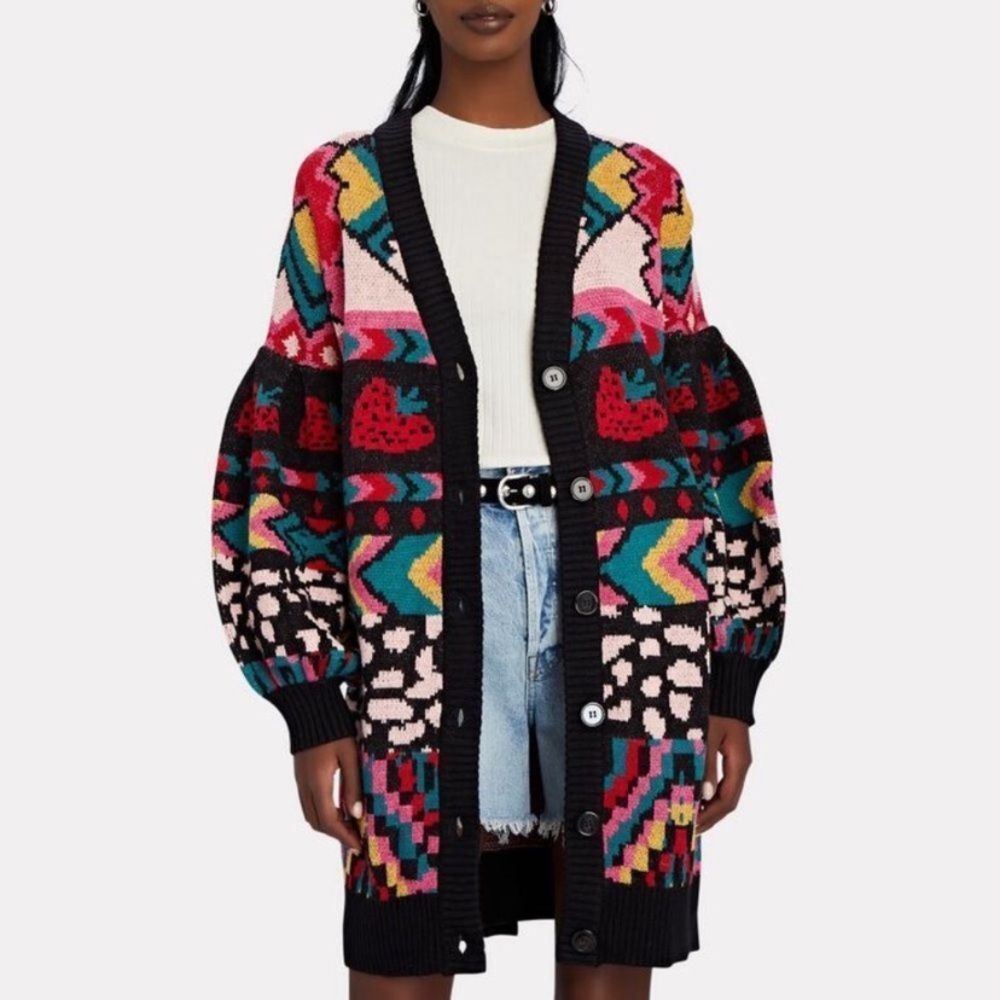 FARM Rio Crazy Mix Jacquard V Neck Cardigan Sweater | NWT | Small
